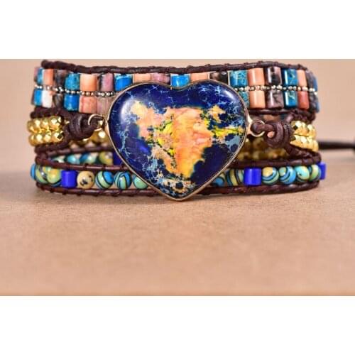 Handmade Boho Jewelry Natural Stone Heart Leather Wrap Bracelet 3 Strands Bundles Woven Multilayer Vintage Bracelet