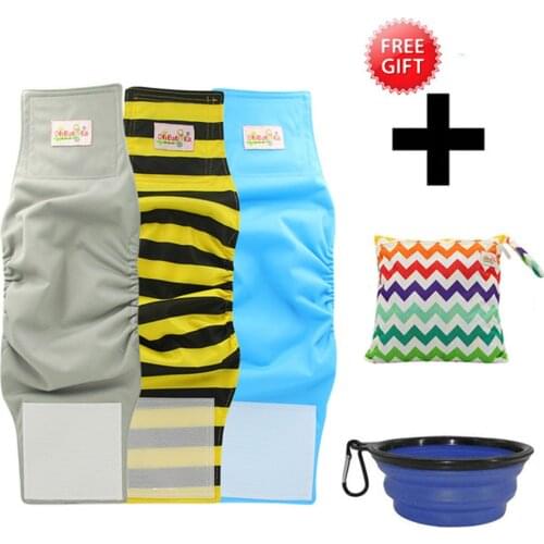 Ohbabyka 3PCS Male Dog Sanitary Pants Washable Pet Dog Diapers Dog Leashes Male Dog Cloth Diaper Free Diaper Bag Food Bowl