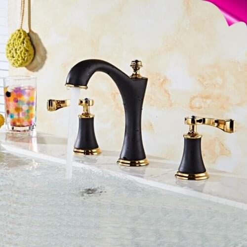 Bathroom Basin Faucet Deck Mounted bath Mixer Gold & Black laboratory mixer hot & cold widespread three holes sink faucet