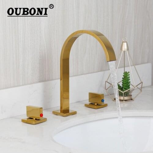 OUBONI Golden Polish Bathroom Basin Sink Mixer Tap Faucet Solid Brass Wash Tap Gold Plated Waterfall Spout Bathroom Mixer Faucet