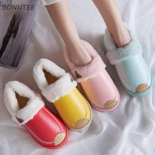 Winter Slippers Women Fashion Warm PU Leather Cotton Home Floor Shoes Womens Thick Plush Soft Non-slip Slipper Waterproof Flat