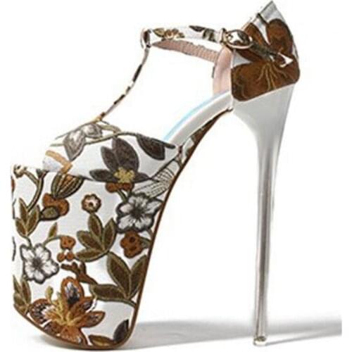 Sexy Women Pumps Ladies Wedding Shoes 20CM Thin High Heels Jacquard Fabric Buckle Strap Peep Toe printing flower shoes for women