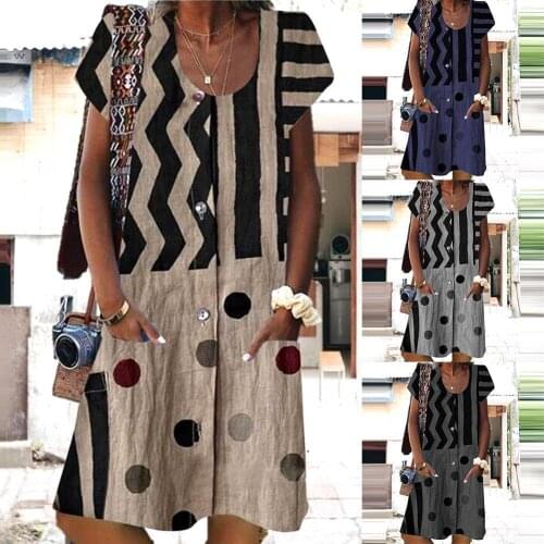 Vintage Women Dress O Neck Short Sleeve Dots Wavy Stripes Loose Knee-length Dress Womens Dress Fashion Mid-length Summer Dress