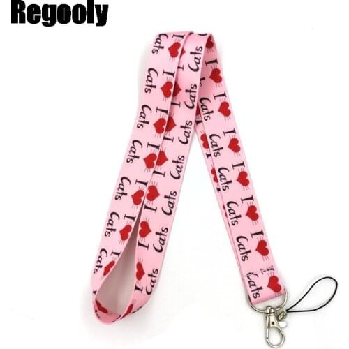 I love cat pink Neck Strap Lanyard keychain Mobile Phone Strap ID Badge Holder Rope Key Chain Keyrings cosplay Accessories Gifts