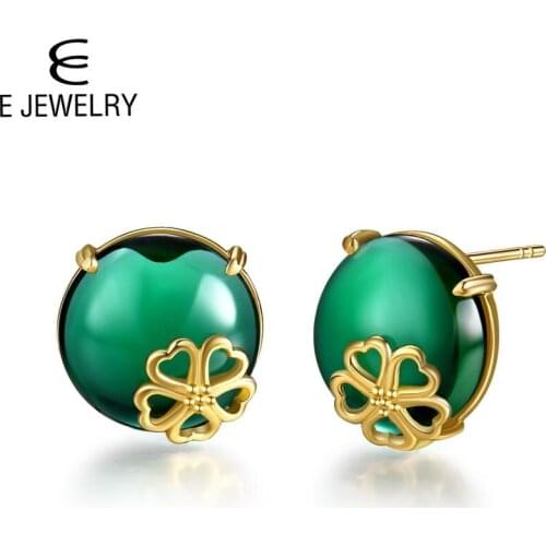 E Round Green Crystal Stud Earrings for Women 925 Sterling Silver Flower Pattern 14K Gold Plated Fine Jewelry wholesale 2020