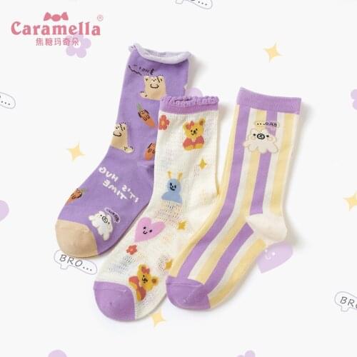 2021 Caramella Breathable Thin Socks for Women 3 Pairs/Lot Cartoon Bear Pattern Purple Elegant ins Fashion Cotton Socks