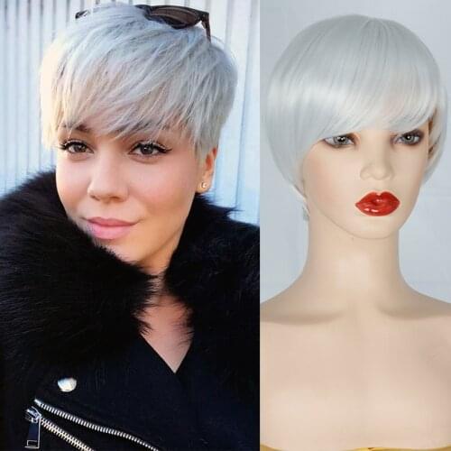 AZQUEEN Short Cut Straight Hair Wig Hair Pixie Straight Wigs Full Wigs For Women Black White Color Hair With Bangs Daily Use Wig
