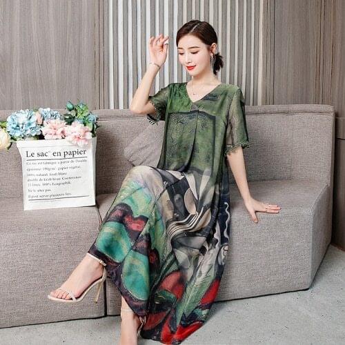 2021 Free Shipping New Fashion Spring Summer Celebrity Style Neck Retro Printing Lady Large Loose Dress
