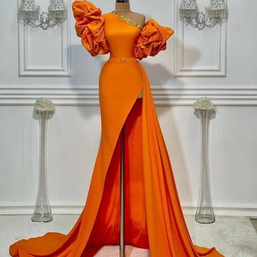 Arabic Dubai Unique Design Evening Dresses Cascading Ruffles Sleeve One Shoulder Mermaid Party Gowns Side Splits Red Carpet
