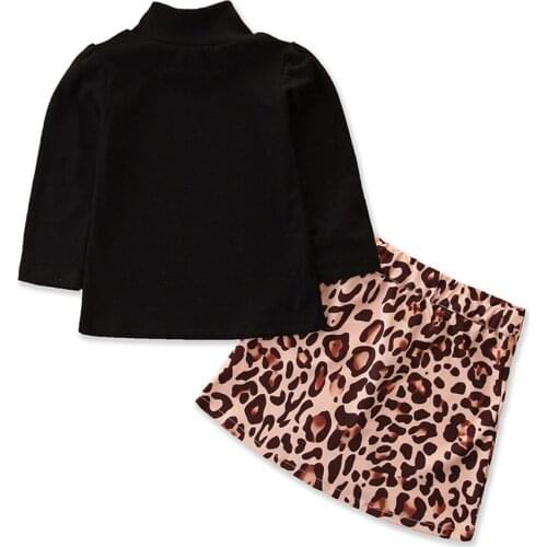 Kids Baby’s Summer Suits Black Half-High Neck Long-Sleeves Top + Leopard Skirt Spring Autumn Outfit Toddler Girl 1-6 Years