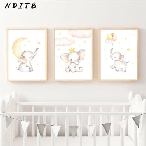 Elephant Moon Child Poster Baby Wall Art Canvas Nursery Print Watercolor Animal Painting Nordic Kids Bedroom Decoration Picture