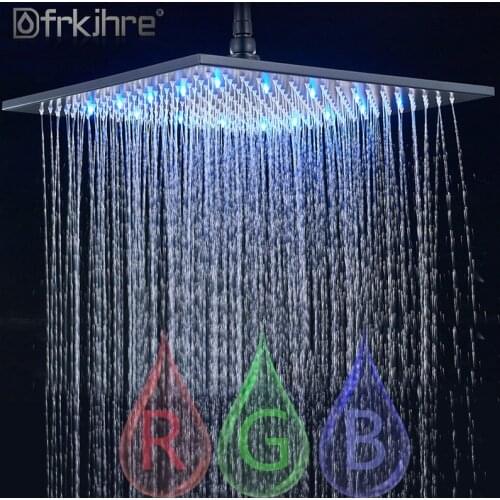 Rainfall Shower Head LED Light Large Black Chrome Rainfall Shower Faucet Head Square Brass Showerhead Color Changing Head