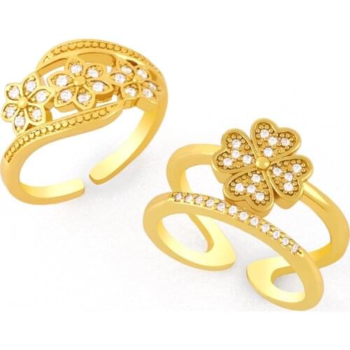 FLOLA Double Layer Flower Open Cuff Rings For Women Adjustable Finger Ring CZ Cubic Zirconia Gold Plated Jewelry Gifts rigk53