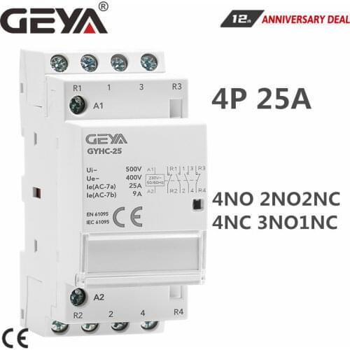 GEYA GYHC 4P 25A 4NC 4NO 2NO2NC 3NO1NC Din Rail Type Household Modular Contactor 50/60Hz Automatic AC Contactor