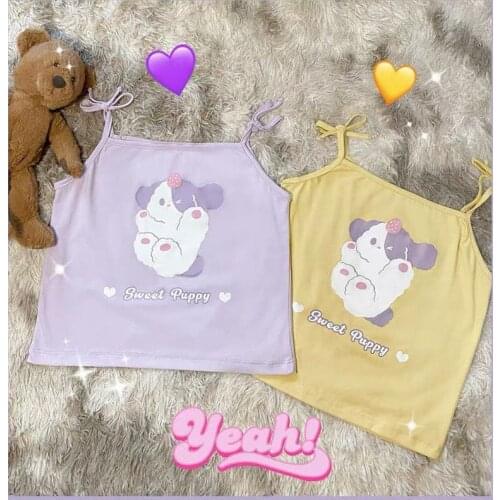 Cute Crop Tops WomenSpring/summer New Japanese Soft Girl Cute Puppy Print Lace-up Inner Outer Wear Thin Short Camisole Dog Print