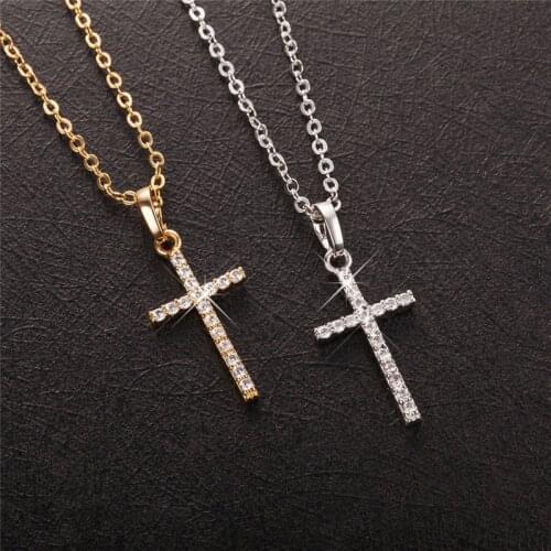 Fashion Female Cross Pendants Gold Silver Color Crystal Jesus Cross Pendant Necklace Jewelry For Men/Women