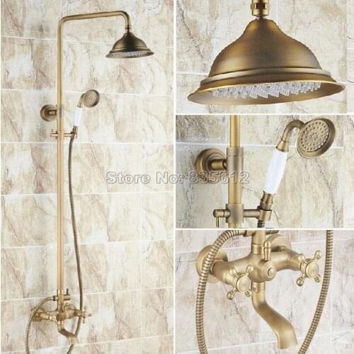 Wall Mounted Antique Brass Bathroom Rain Shower Faucet Set with Ceramic Handheld Shower & Dual Handles Bathtub Mixer Taps Wrs124