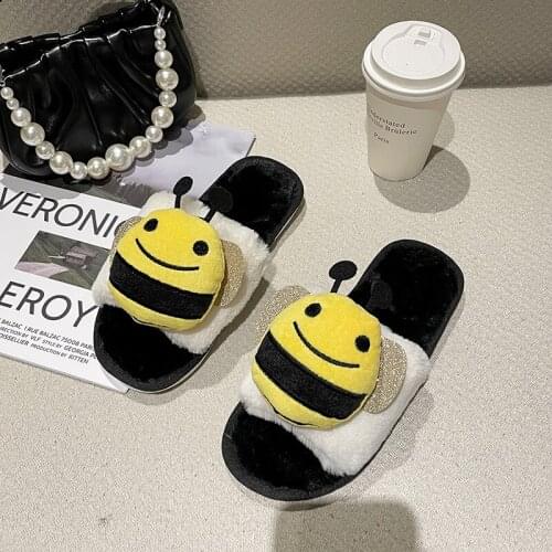 2021 New Indoor Furry Home Bee Pattern Cute Durable Slippers Winter Indoor Fur Casual Ladies Soft Fluffy Plush Flats Sandalen