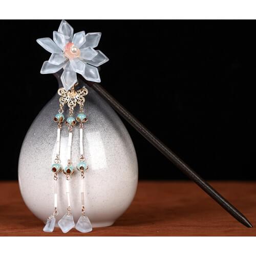 New Ancient Style Step Shake Chinese Hairpins Flower Shape Long Tassel Pearls Wooden Hair Fork Hanfu Dress Hair Jewelry
