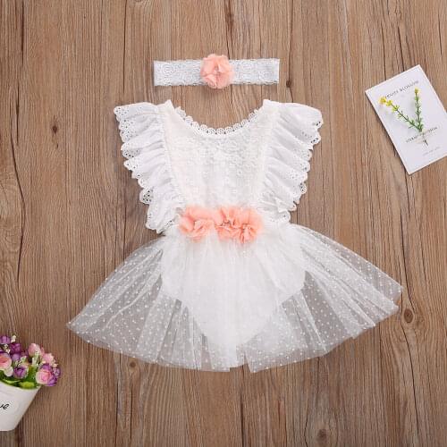 Newborn Baby Girls White Romper Dresses Infant Sleeveless Lace Flower One-Piece Round Neck Romper + Headwear For 0-24 Months