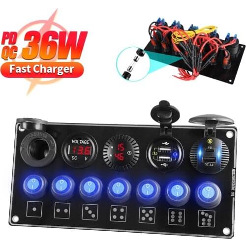 7 Gang ON-Off Rocker Toggle Switch Panel QC3.0 & PD Quick Charge Voltmeter Waterproof USB Car Charger Accessories Truck Boat RV