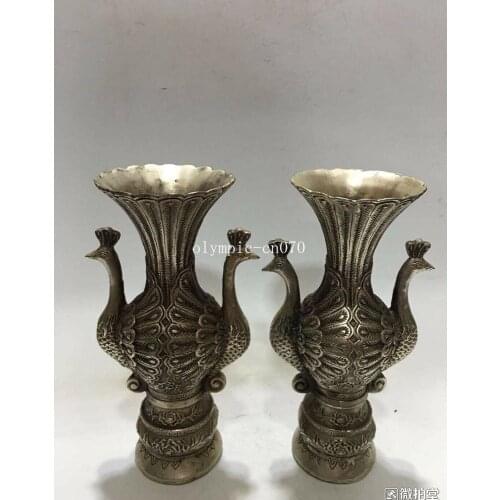 Pair 8''tibetan copper silver-plated home decor auspicious bird peafowl vase