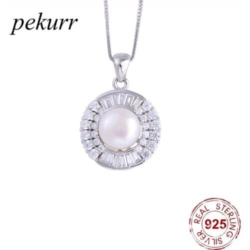 Pekurr 925 Sterling Silver Luxurious Crystal Round Natural Freshwater Pearl Necklaces For Women Pendants Fashion Jewelry Gift