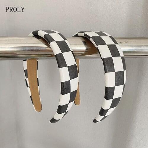 PROLY New Fashion Women Headband 3/4CM Wide Side Mosaic Black White Plaid Patchwork Hairband Casual Classic Hair Accessories
