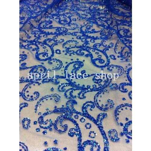 Blue mesh sequin breathable classic lace shining sequin fabric for wedding dress design/party dress! 5 Yards/lot