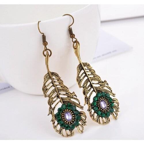 Vintage Gold Leaf Alloy Dangle Earrings Orecchini Hangers Green Crystal Fashion Jewelry Bohemia Wedding Earrings