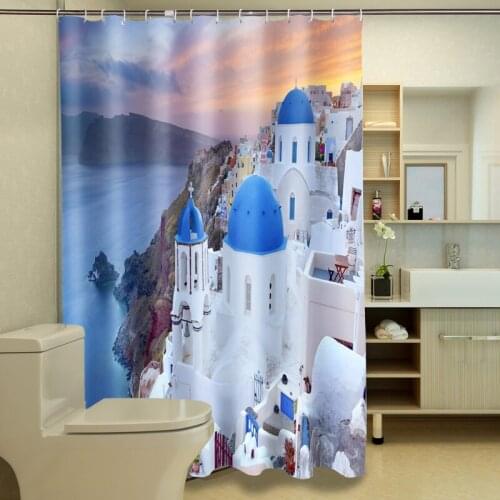 Mediterranean Island Landscape Shower Curtains Ocean Cliff European Style House Scenery Waterproof Bath Decor Hanging Curtain