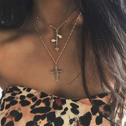 Tocona Vintage Gold Cross Rose Pendant Necklaces for Women Layered Charm Choker Clavicle Chain Bohemia Jewelry цепочка 9502