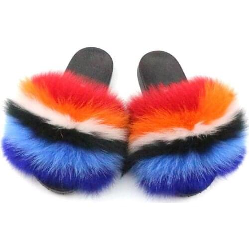 Women Fox Fur Slippers Pink Yellow Blue Fluffy Plush Soft Fur Slides Female Indoor Flat Furry Sandals Casual Fuzzy Shoes Hot