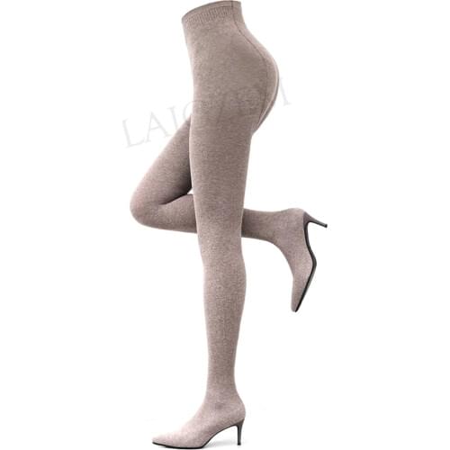 LAIGZEM Women Pants With Boots Stretchy Mid Heels Pantyhose Waist High Boots Cosplay Ladies Girls Shoes Woman Big Size 34 45 42