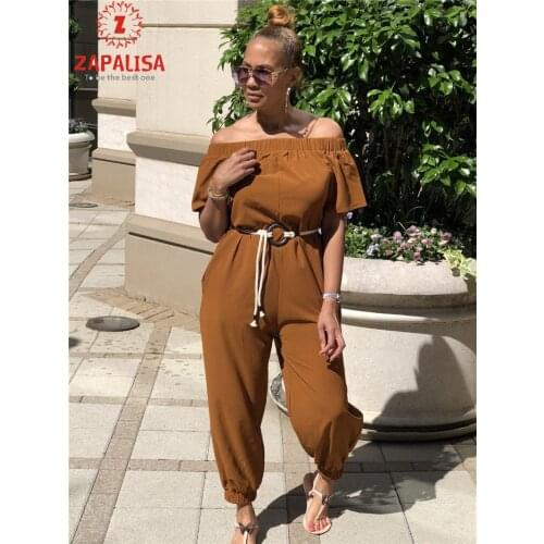 Women Summer Solid Color Jumpsuits Patchwork Design Pockets Belt Decor Slash Neck Short Sleeve High Waist Casual Jumpsuits