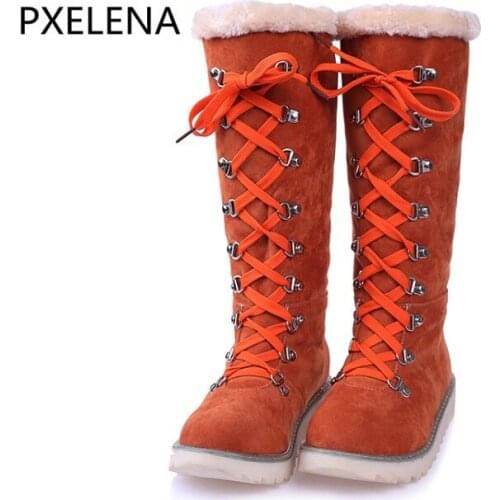 PXELENA Women Mid Calf Snow Boots Lace Up Rivet Thick Fur Shoes Women Winter Flats Boots Plush Warm Women Shoes Plus Size 34-43