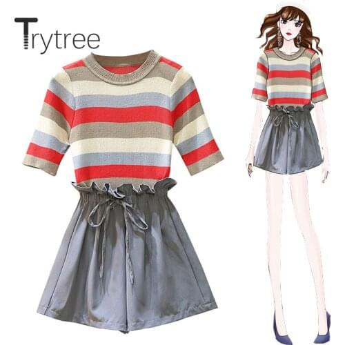 Trytree 2020 Summer Women two piece set Casual O-neck Stripe Knitting Top + Shorts Ruffles Elastic Waist Lace up 2 piece Set