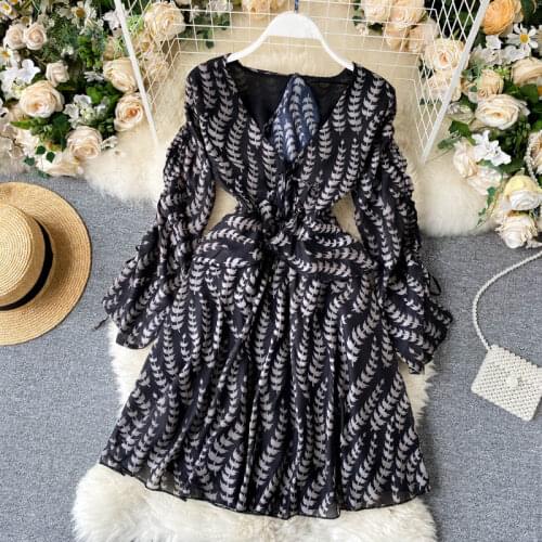SINGRAIN Women Sexy Hollow Backless Dress Autumn Long Sleeve V Neck A-line Dresses Korean Fashion Print Chiffon Holiday Dress
