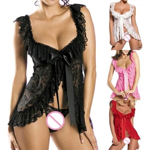 2018 Women Sexy Lingerie Front Open Sleepwear Sets Plus Size Europe And America Style Sexy Lace Perspective Dress + T Pants