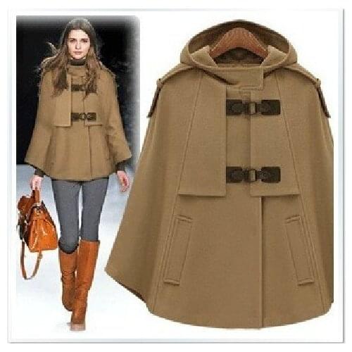 2021 Autumn Winter Women Wool Blends Poncho Coat Fashion Wool Jacket Female Cape Cloak Woolen Coats Hooded Outwear