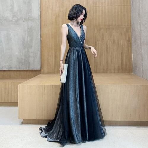Evening Dress 2020 New Noble Elegant Beading Deep V-neck Sexy Prom Dress Long Formal Dresses Backless Sleeveless Party Dress