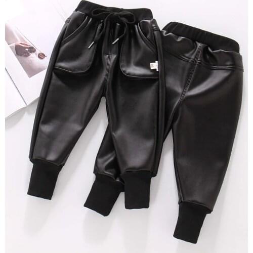 Winter velvet thickened winter leather pants for boys and girls fashionable warm cotton pants for boys and girls baby trousers