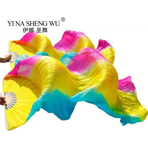 1 Pair 100% Real Silk / Imitation Silk Belly Dance Fans 24 Colors Handmade Dyed Belly Dance Long Fans Gradient Color 180x90cm