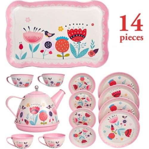14PCS Teapot Teacup British Style Afternoon Tea Tinplate Toys Kids kitchen kids Tea set Toys Pretend Play Toys for girls Toys