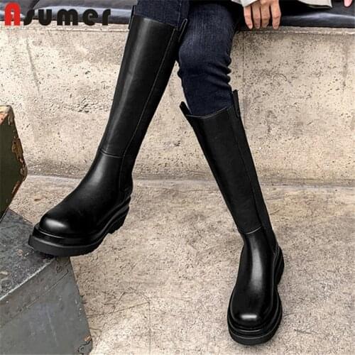 ASUMER 2021 Newest Genuine Leather +Pu Knee High Boots Women Thick Bottom Chelsea Boots Solid Colors Popular Casual Shoes Woman