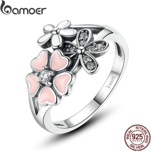BAMOER Fashion 925 Sterling Silver Pink Flower Poetic Daisy Cherry Blossom Finger Ring for Women #6 7 8 9 Size Jewelry SCR004