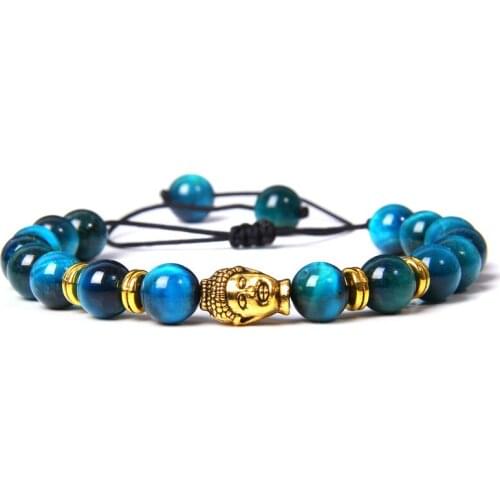 Natural Stone Royal Blue Beads Prayer Bracelet Fashion Braided Rope Adjustable Gold Buddha Head Charm Bracelet for Women Men