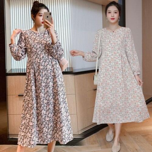 Vintage Floral Printed Chiffon Maternity Long Party Dress Sweet Elegant A Line Clothes for Pregnant Women Spring Pregnancy