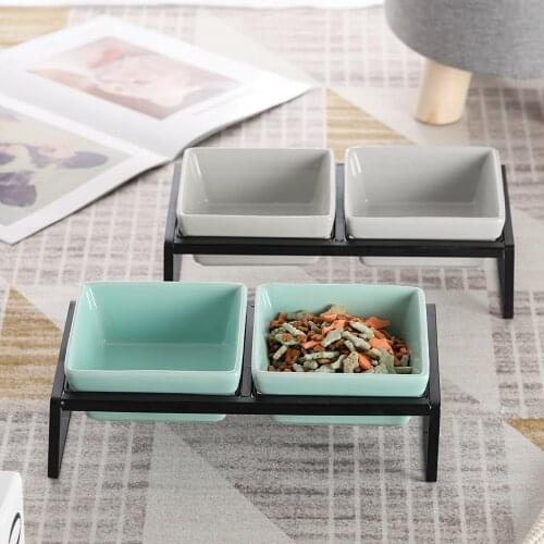 Ceramic Double Cat Food and Water Bowl Set ,Dog Cat Food Dish with Iron Stand,Elevated Cat Bowls ,Raised Cat Food Bowls