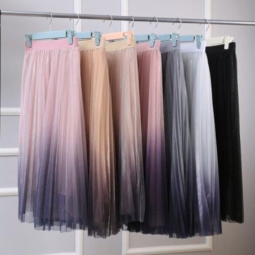 Fashion Long Tulle Skirt Women Autumn Gradient Elegant High Waist A-line Pleated School Midi Skirt Female